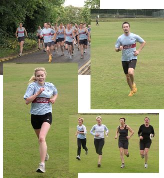 Four photos of the 2007 Club Championship, the start, Michael Rix and Sarah Edson winning mens and ladies races, and four runners finishing together further down the field