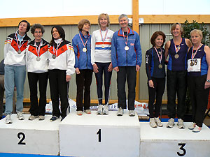 Jane Georghiou on the podium with the GB ladies team receiving the team gold for the cross country at the 2008 World Masters Athletics Championships