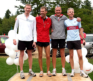 Farnham Runners male 10K team winners on the podium at the 2011 Alice Holt races