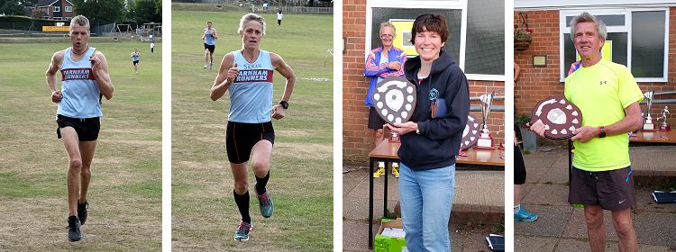 Left to right above: Ian Carley and Sarah Hill running, and Lindsay Bamford and Terry Steadman with their trophies