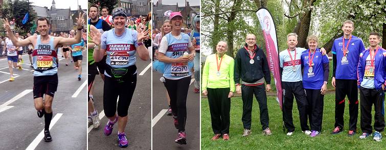 2015 London Marathon, Rob Gilchrist, Elaine Ashby and Shirley Perrett running and group of runners with their medals after the race