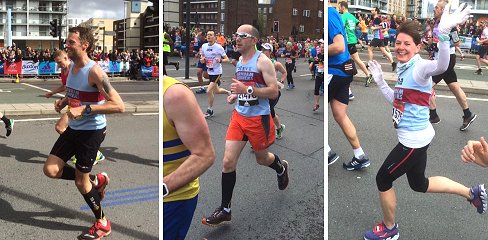 Triptic of three Farnham Runners running in the 2016 London Marathon, (left to right), Rob Gilchrist, Steve Bailey and Tina Harrison