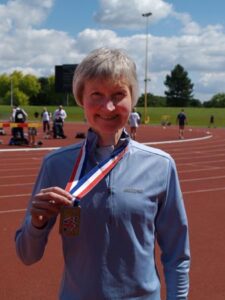 Jane Georghiou with medal at the 2007 British Master Athletics Championships