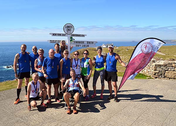 Group at Lands End after the run from John OGroats in the 2016 FROGLE club relay