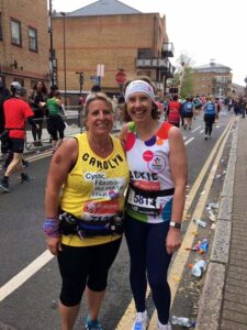 Caroyn Wickham and Jackie Wilkinson on the road during the 2019 London Marathon