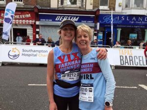 Vicky Goodluck and Shirley Perrett at the finish line of the 2019 Southampton Marathon