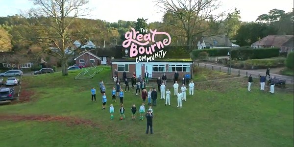 View of club house with runners, cricketers and footballers at launch of the Great Bourne Community fundraising launch