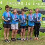 Dream Team at 2021 Endure24 with trophies - Lindsay Bamford, Gill Iffland, Linda Tyler, Kate Townsend, Vicky Goodluck