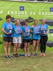 Dream Team at 2021 Endure24 with trophies - Lindsay Bamford, Gill Iffland, Linda Tyler, Kate Townsend, Vicky Goodluck