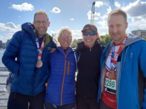 Neil Ambrose, Sarah Hill, Gabriella Hitchcock and Stuart Taylor after the 2021 London Marathon