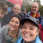 Selfie of Linda Tyler, Sarah McCulloch, Jane Probett, Back, Supporters Craig Tate-Grimes, Damien Probett and Keith Marshall after the the 2021 London Marathon