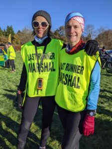 Tail runners for the 2021 SXCL Bourne Woods race, Emma Dawson with Clair Bailey
