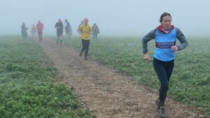 Kay Copeland emerges from the mist at the 2021 Lord Wandsworth SXCL race