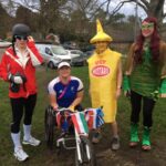 Snow boarder, Louise Granell; Olympic Flags, Rachel Morris; Sauce Catherine Crow and Poison Ivy Sarah Dobinson in fancy dress at the 2021 Club Handicap