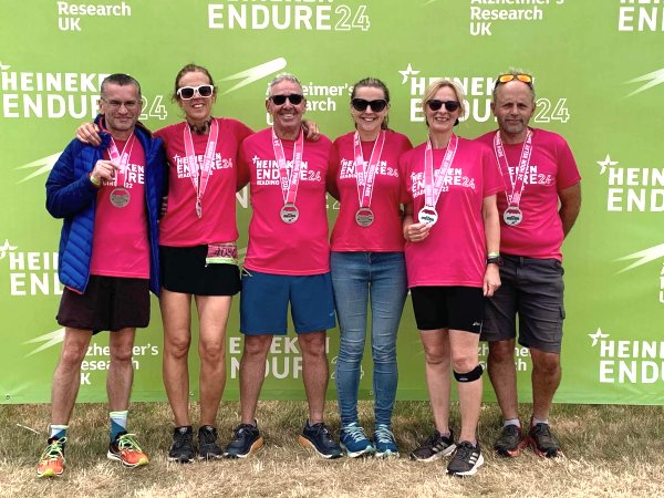 Harvey Wickham, Emma Dawson, Paul Mackie, Helen Farrell, Sue Taylor and Craig Tate-Grimes with their medals after the 2022 Endure 24 race