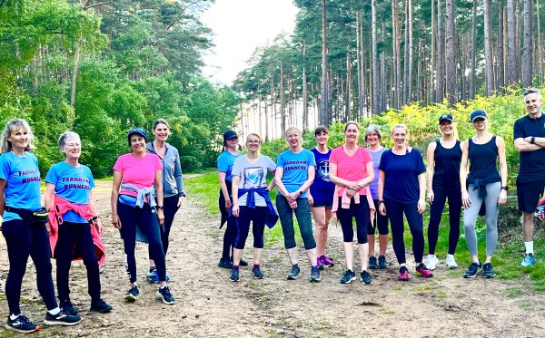 2022 Beginners group assemble in the Bourne Woods with coach Julie Tagg
