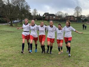 Becky Martin, Lina Haines, Sue Taylor, Emma Dawson Linda Tyler and Tori Shaw dressed as the Lionesses England women's football team at the 2022 Club Handicap