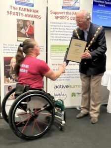 Rachel Morris being presented with the Role Model Award by the Mayor of Waverley at the 2023 Farnham Sports Awards