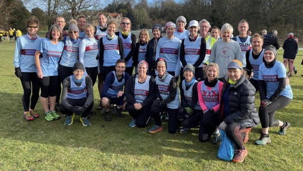 Farnham Runners group before the start of the 2023 SXCL Chawton House cross-country
