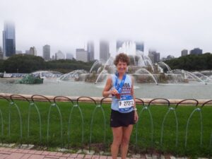 Linda Tyler after the 2018 Chicago Marathon with her medal