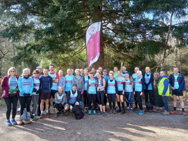 Farnham Runners group before the cross country at the 2023 SXCL Alice Holt Forest race