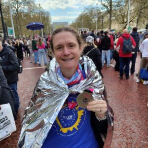 Clair Bailey with her medal after the 2023 London Marathon