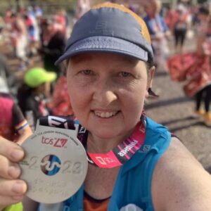 Nicola O'Connor with her medal after the 2023 London Marathon