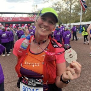 Jacquie Browne with her medal after the 2023 London Marathon