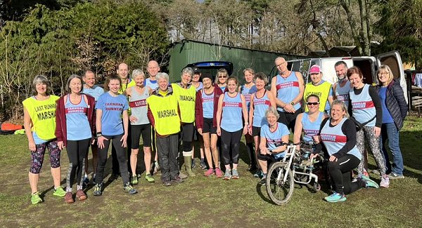 Farnham Runners group before the start of the 2023-24 SXCL Bourne Woods cross-country race