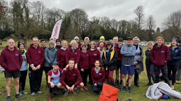 Farnham Runners group before the start of the 2024 SXCL Chawton House cross country race
