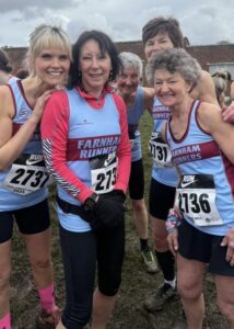 Farnham Runners ladies team before the start of the 2025 England National Cross-Country Championship at Parliament Hill