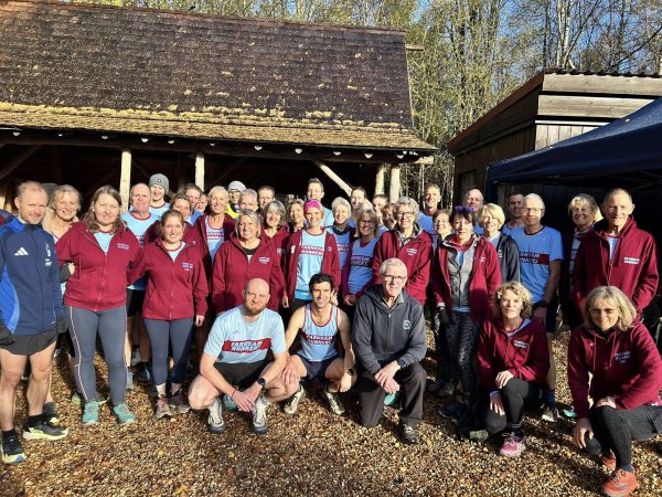 Farnham Runners team group before the start of the 2025-26 SXCL Alice Holt cross country