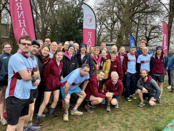 Farnham Runners group before the start of the 2025 SXCL Lord Wandsworth cross-country race
