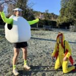 Harry May in his egg costume with his wife Lizzie dressed as a chicken at the 2025 Club Handicap race