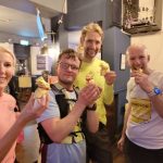 The winning team of the 2026 Farnham Runners Easter run with chocolate easter bunny prizes, left to right Georgie Abrook, Jonathan Tyler, Dave Royse and Steve Bailey