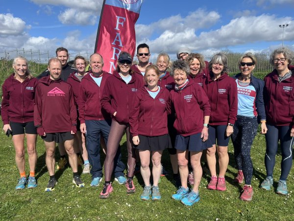 Farnham Runners team group before the start of the 2026 SXCL Alver Valley cross country race